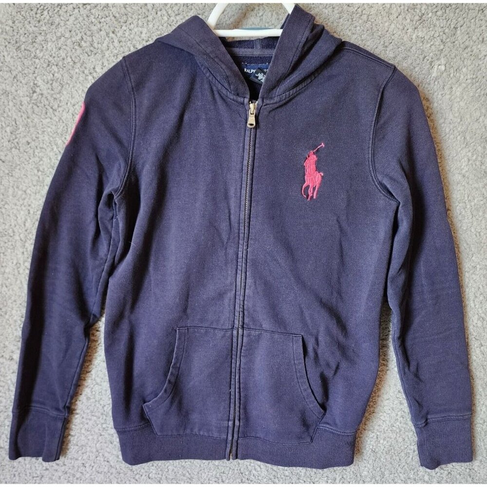 Ralph Lauren Girls Full Zip Hoodie Embroidered Big Pony Logo Blue/Pink Size XL